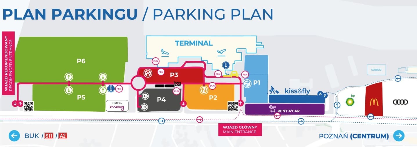 Mapa oficjalnego parkingu przy lotnisku Poznań Ławica